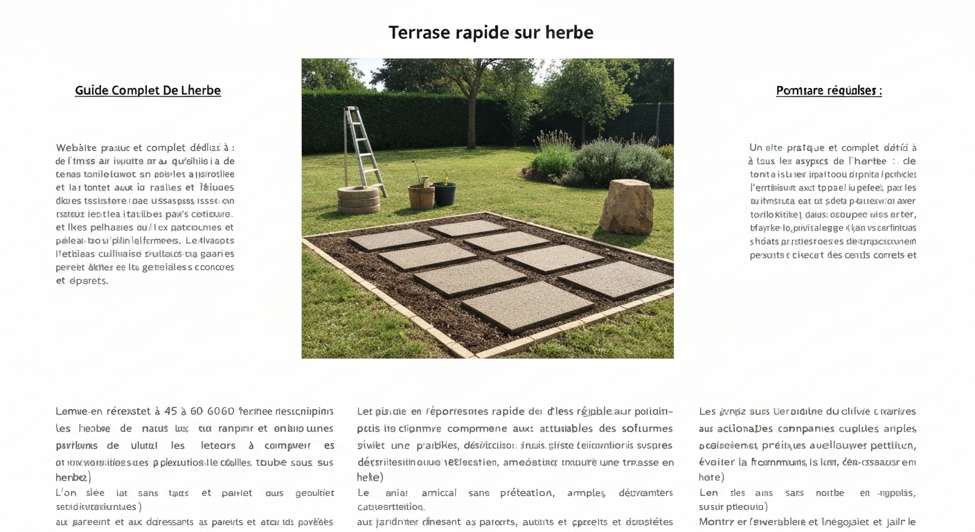 Terrasse rapide posée sur pelouse avec dalles sur plots, outils et rouleau de géotextile en premier plan